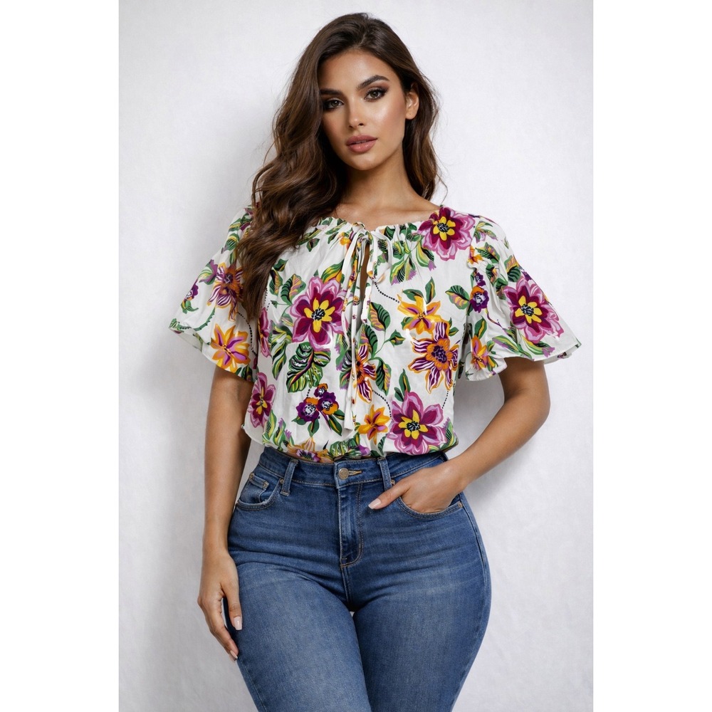 MISA‎ Los Angeles Floral Print Flutter Sleeve Tie Neck Blouse Top Size L